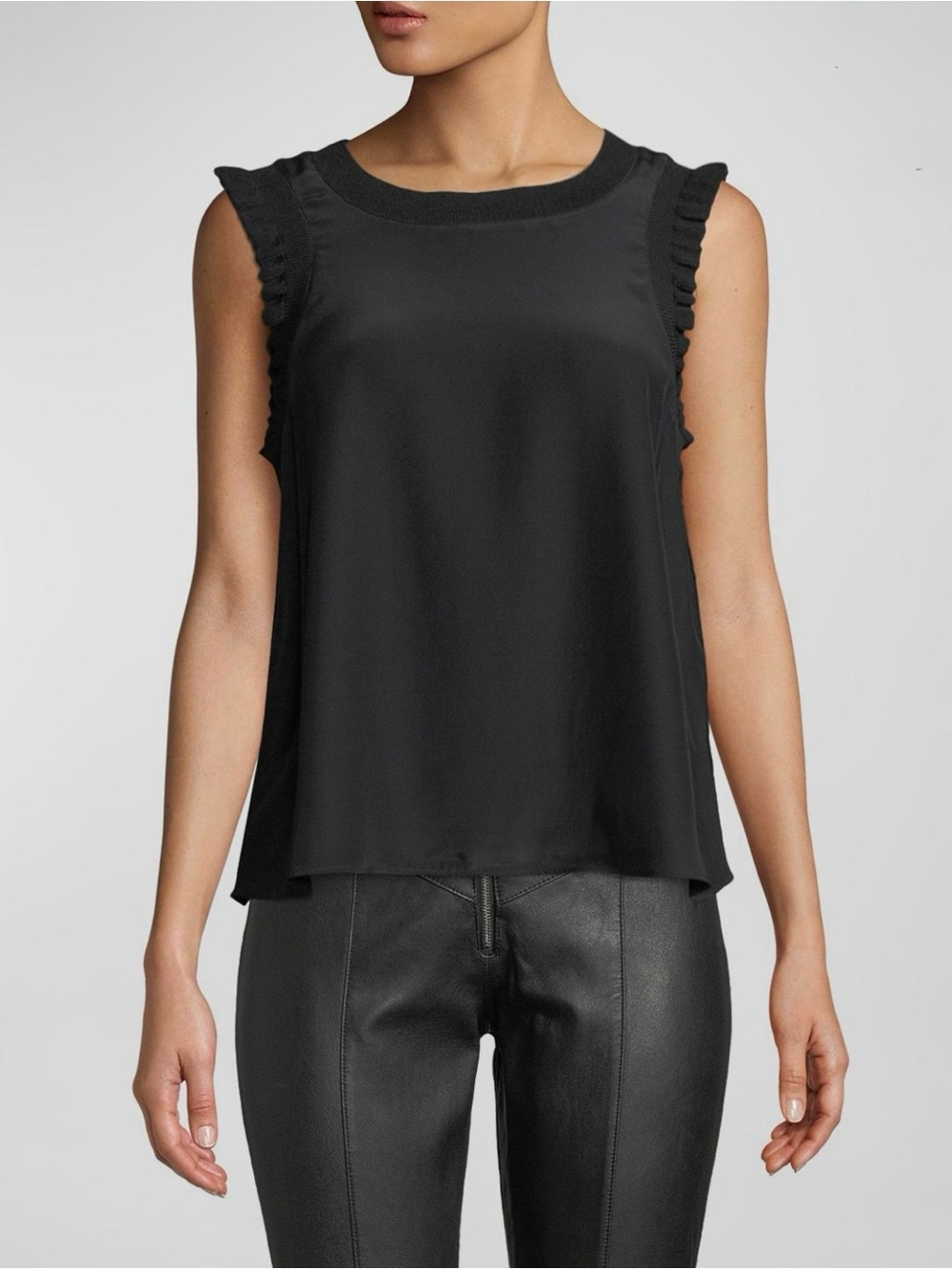 NWT Cinq a Sept Women’s Lenore Black Top ~ Silk Ruffle Trim ~ Minimalist ~ XS